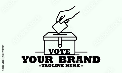Simple black outline illustration of a hand inserting a ballot paper into a voting box labeled "VOTE". Election concept, logo vector design and illustration logo vector art