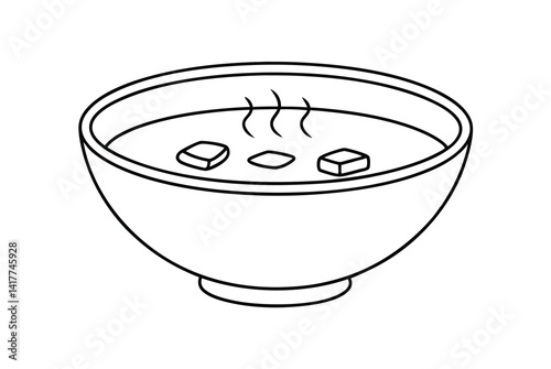 Hot Soup Bowl Line Art Illustration With Floating Tofu And Steam