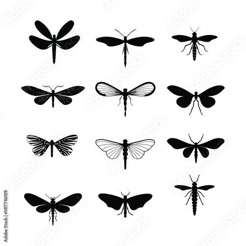 Flying insect vector icon set in flat style black color silhouette