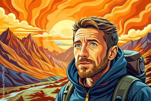 Man solo vector traveling backpacker hiking in mountains at sunset time active healthy lifestyle adventure journey vacations