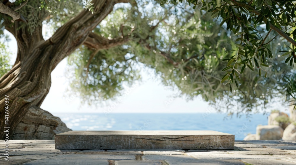 Fototapeta premium Olive tree branches delicately framing a podium, symbol of peace and abundance, Mediterranean vibe