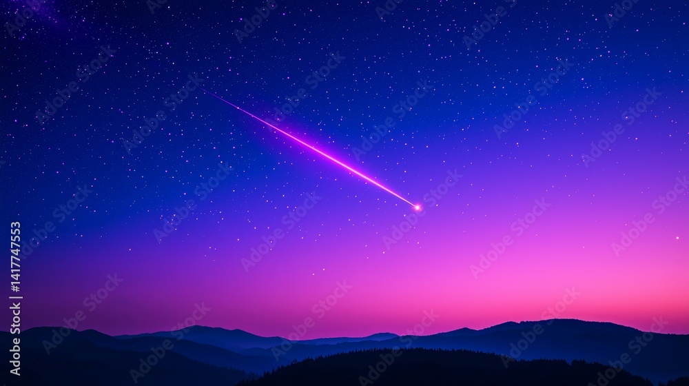 Naklejka premium Digital Illustration of a Shooting Star Streaking Across a Twilight Sky with Purple and Pink Gradient