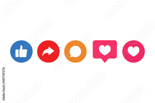 Set of Like, Comment, Share, and Love Icons – Colorful Social Media UI Buttons Vector