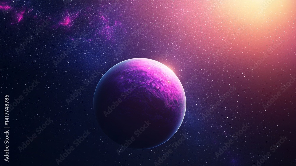 Obraz premium Vibrant Cosmic Illustration of a Purple Planet Surrounded by Stars Against a Colorful Space Background