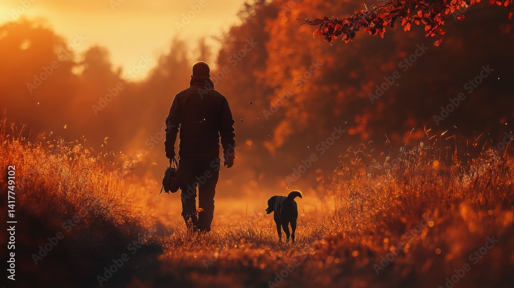 A person walks through an autumn landscape with a dog. The warm colors of sunset create a tranquil atmosphere. Nature offers peace and companionship. Generative AI