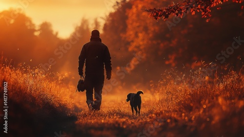 Obraz na płótnie A person walks through an autumn landscape with a dog. The warm colors of sunset create a tranquil atmosphere. Nature offers peace and companionship. Generative AI w salonie