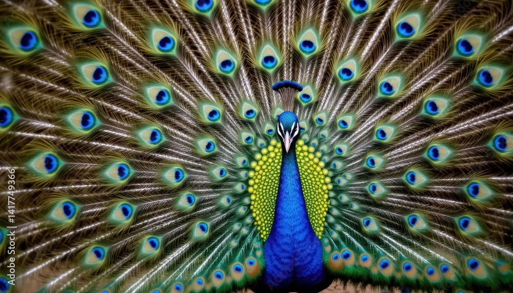 Fototapeta premium Peacock Displaying Vibrant Colors in Nature Close-Up Photography Majestic Environment