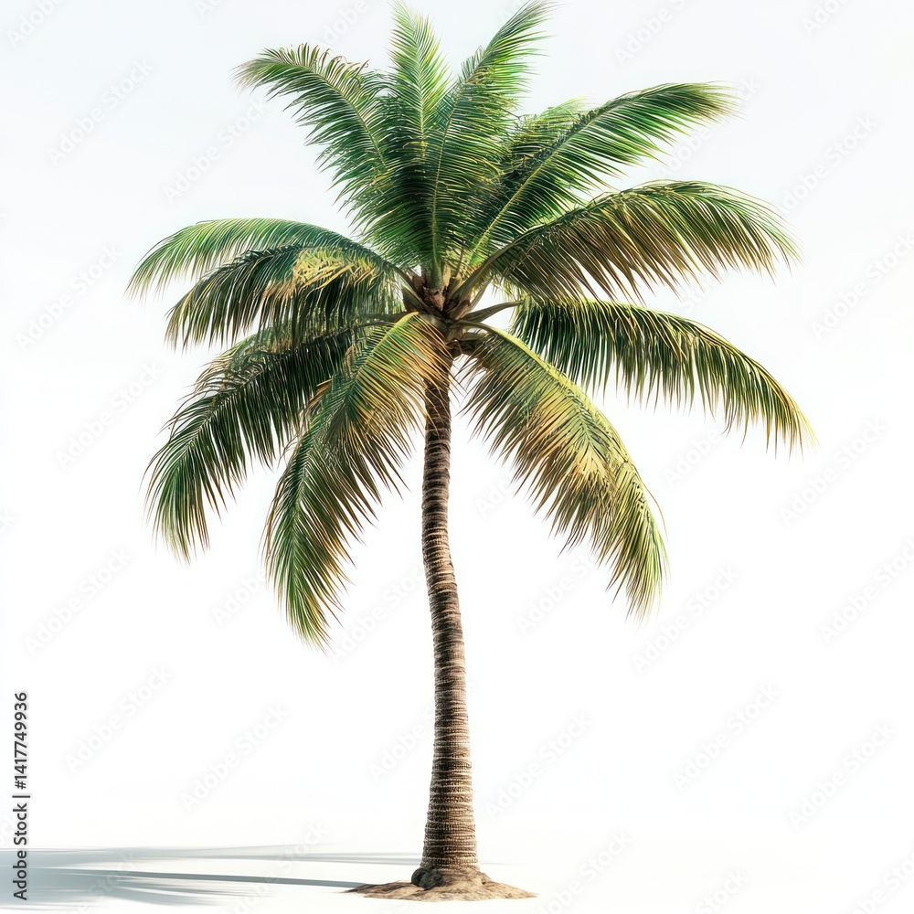 Obraz premium Lush Green Palm Tree Against Simple White Background for Tropical and Nature-Themed Designs