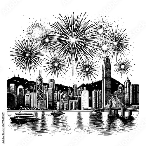 Firework explosion on city landscape sketch engraving black and white outline. Scratch board imitation.