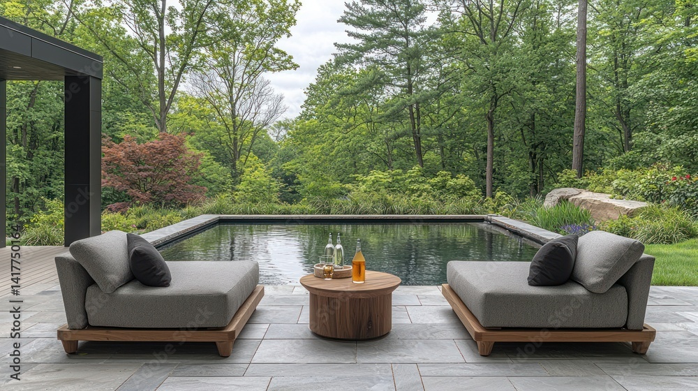 Fototapeta premium Elegant outdoor seating area by a tranquil pool surrounded by lush greenery