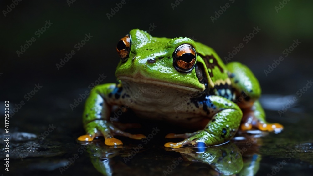 Vibrant green frog with striking orange eyes rests serenely on a dark, reflective surface Vibrant green frog with striking orange eyes rests serenely on a dark, reflective surface