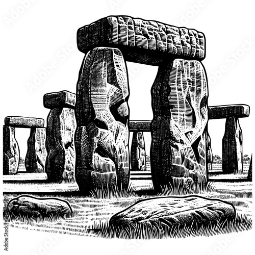 Stonehenge sketch engraving sketch engraving black and white outline. Scratch board imitation.  illustrated in vintage line art style on a white background.
