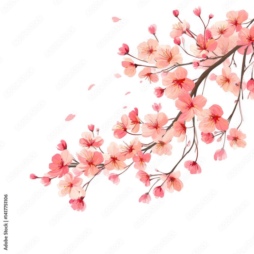 Delicate Pink Cherry Blossom Branch with Falling Petals Spring Floral Design Element Delicate Pink Cherry Blossom Branch with Falling Petals Spring Floral Design Element