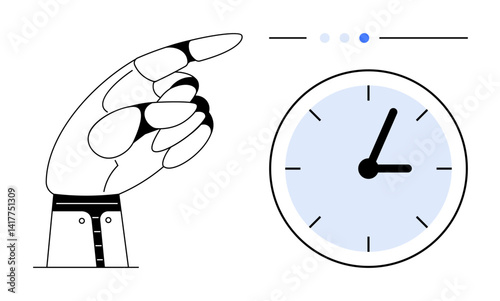 Robotic hand pointing at clock with progress bar, suggesting time tracking, deadlines, efficiency. Ideal for productivity, automation, scheduling, planning, technology time management simple