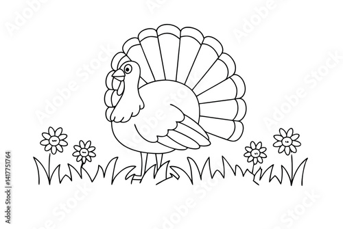 Turkey In A Grassy Field With Flowers Coloring Page Illustration
