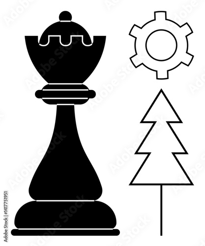 Chess piece, gear icon, and pine tree outline symbolizing strategy, innovation, growth, planning, nature. Ideal for business strategy, teamwork problem-solving leadership environment