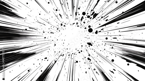 Black and white comic speed lines with splatter effect isolated on white background manga action background dynamic blast radial lines graphic element