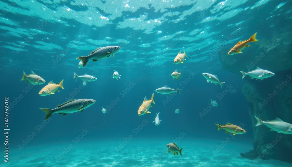 Fototapeta premium Underwater Fish Swimming in a Transparent Aquarium Ocean Environment Marine Life Perspective Serenity Concept