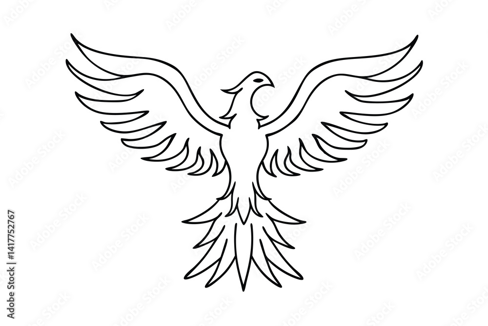 Fototapeta premium Simple Phoenix Illustration Line Art Spread Wings Flying Bird Contour