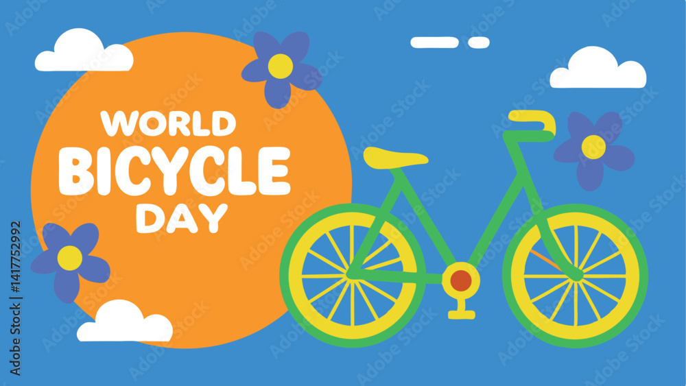 World Bicycle Day Green Bicycle and Flower on Blue Background World Bicycle Day Green Bicycle and Flower on Blue Background