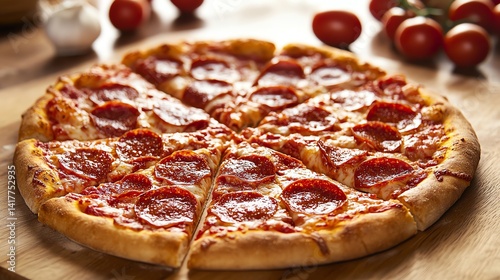 A delicious pepperoni pizza, freshly baked and cut into slices.