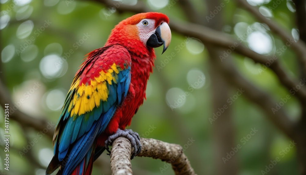 Vibrant macaw perched on branch in lush rainforest showcasing colors and textures wildlife photography nature setting Vibrant macaw perched on branch in lush rainforest showcasing colors and textures wildlife photography nature setting