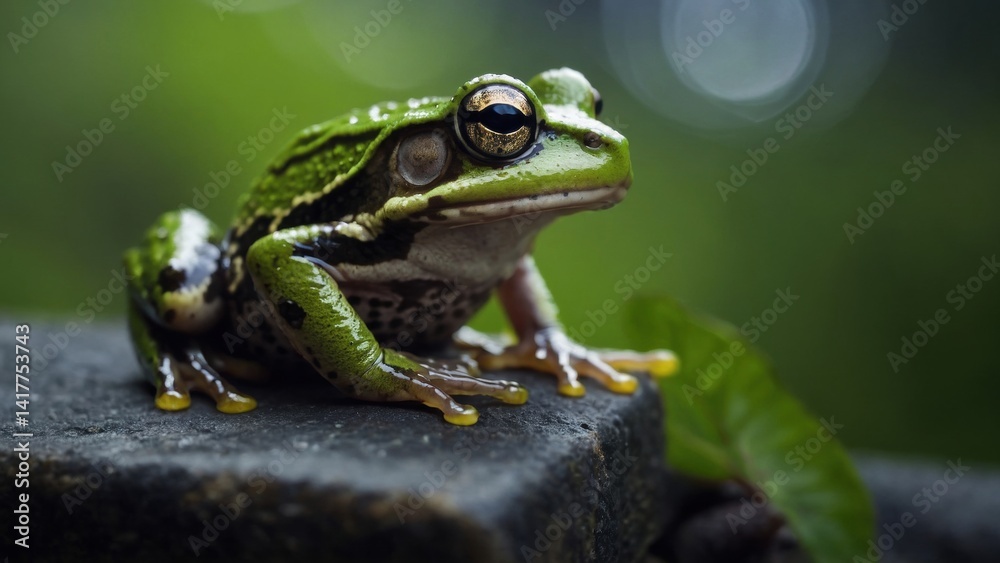 Naklejka premium Green frog with striking golden eyes resting on a stone, showcasing its wet skin and camouflage in nature