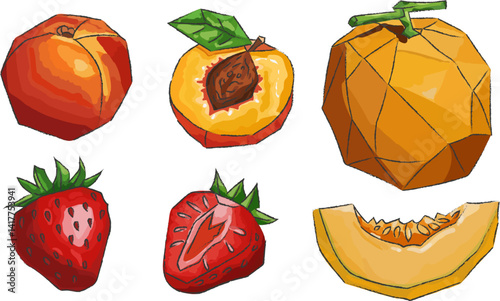 isolated gouache summer fruits set with peach, strawberry and melon cubism style, polygonal juicy food illustration white background for print and design