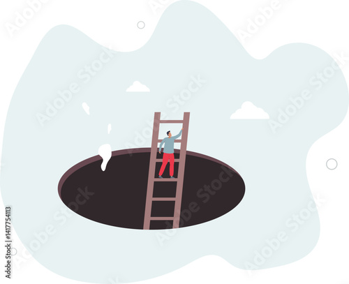 Effort and brave to solve business problem, get out of crisis or escape from trouble situation, reaching goal or solution concept.flat character life .