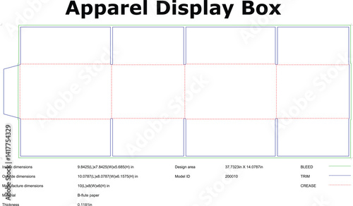 Apparel display box vector template with bleed trim and crease lines