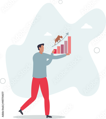 Stock market bull market, financial asset value and price rising up, investor and trader gain more profit concept.flat character life .