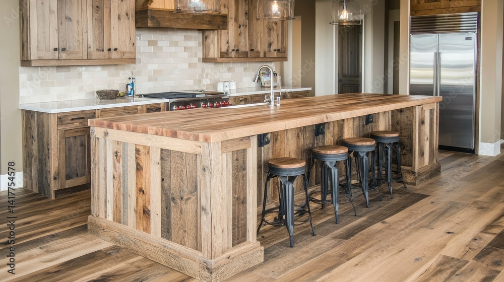 A rustic farmhouse kitchen island with reclaimed wood accents. A rustic farmhouse kitchen island with reclaimed wood accents.