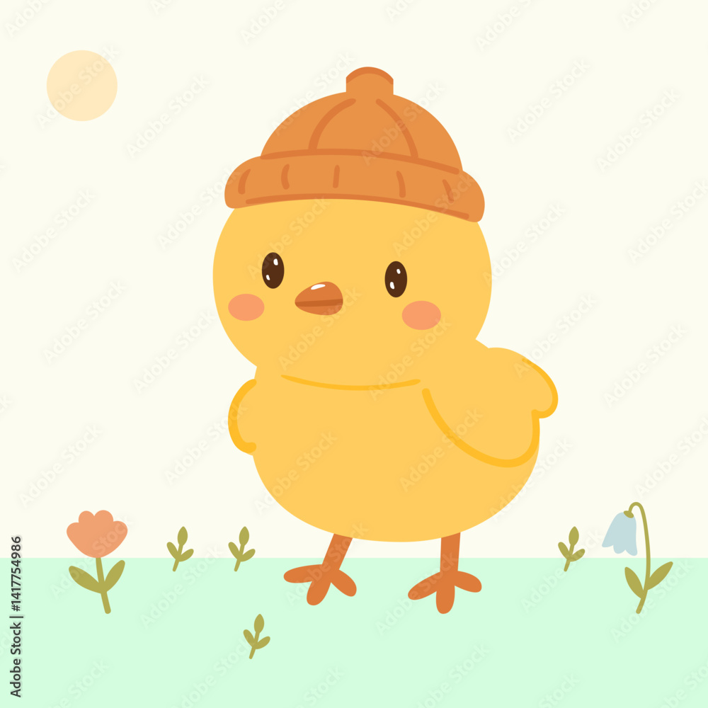 cute kawaii chick with hat. baby yellow bird. simple vector illustration for print, textile or design sticker. chicken little character.