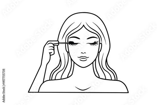 Woman Applying Mascara Line Art Beauty Routine Skincare Cosmetics Preparation