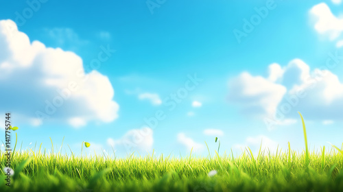 A vibrant green grass landscape under a bright blue sky dotted with fluffy white clouds, showcasing the beauty of nature and the peacefulness of a clear day.