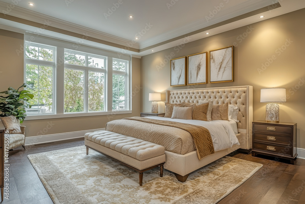 Large bed by a window in a cozy bedroom. Large bed by a window in a cozy bedroom.