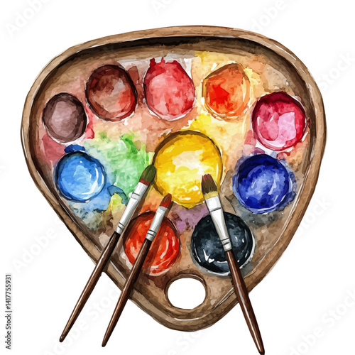 Paint Palette With Mixing Colors, vector watercolor illustration, isolated on a white background.