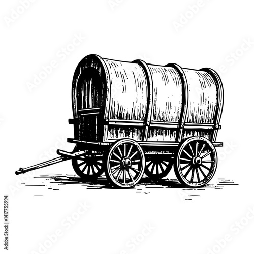 Classic wagon sketch engraving black and white outline. Scratch board imitation.