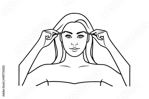 Woman Plucking Eyebrows With Tweezers Black And White Beauty Routine Illustration