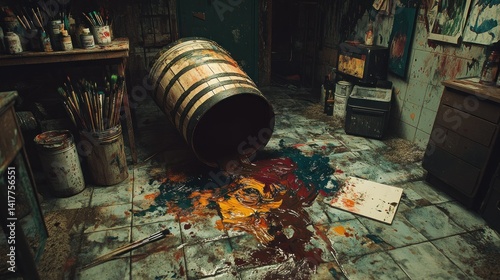 Spilled paint barrel in messy artist's studio photo