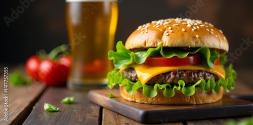 Close-up of hamburger and beer on rustic wooden table, pub, beer, drink