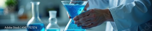 Close-up of hands mixing blue liquid in glass separatory funnel, lab, scientist, education photo