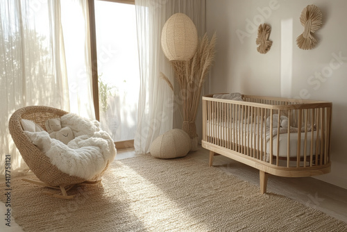 Baby's room with a crib and toys scattered on the floor. Brightly colored mobile hanging above the crib. Soft plush rug underfoot completes the cozy setup.
