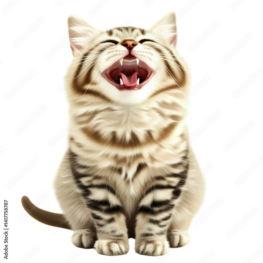 Fototapeta premium Playful adorable small tabby kitten with stripes laughing happily and eyes closed isolated on white background close-up cute feline pet animal