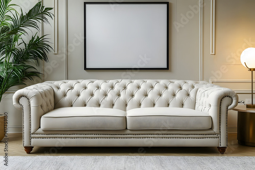 Cozy living room features a plush tufted white sofa, stylish lamp, and modern design elements