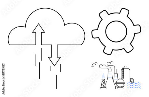 Cloud synchronization with up-down arrows, industrial gear, and factory with smokestacks. Ideal for technology, cloud storage, industry association, automation, sustainability, digitalization flat