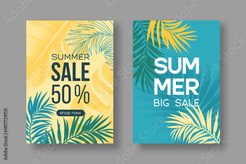 Summer Sale poster design. Best offer promotion cards with tropical leaves. Simple style, halftone effect, blue and yellow colors. Vector illustration.