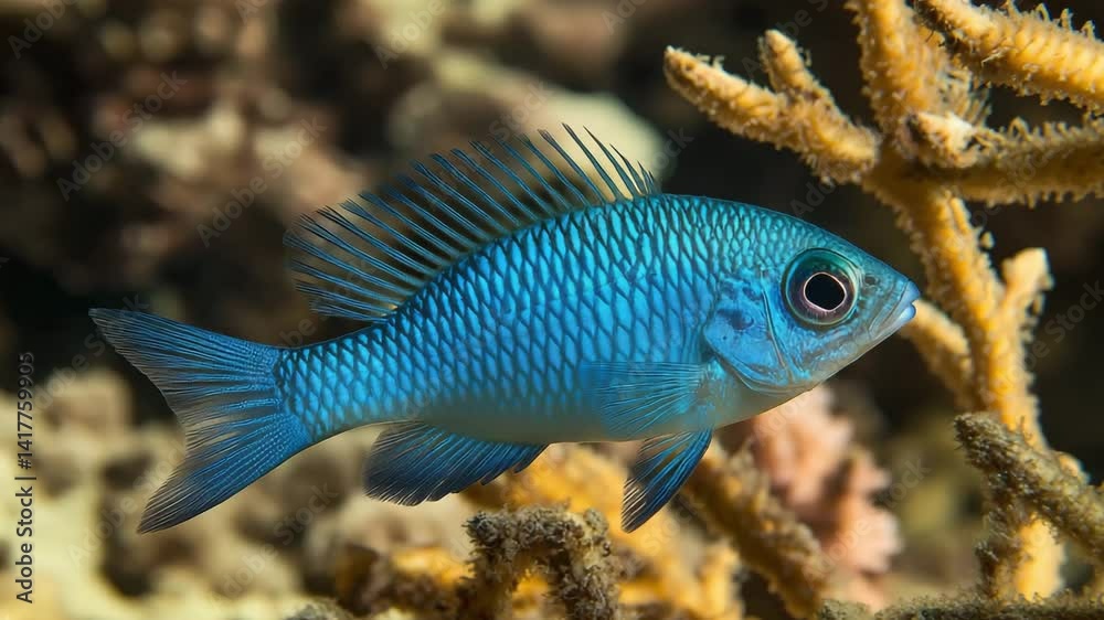 A blue fish glides gracefully through a coral reef, showcasing its striking color and the rich biodiversity of the underwater world