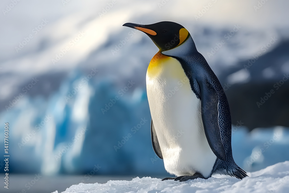 Fototapeta premium An emperor penguin stands on a frozen surface, surrounded by stunning blue glaciers under a clear sky in Antarctica