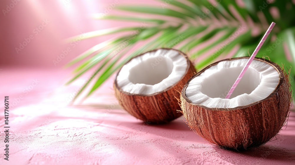 Fresh coconuts with a pink straw on a pastel pink surface surrounded by palm leaves Fresh coconuts with a pink straw on a pastel pink surface surrounded by palm leaves